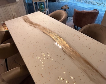 Made To Order Gold Flakes Dining Table With Gold River, Unique Epoxy Resin Art, Premium Quality Handmade in Europe, Safe Shipping Worldwide