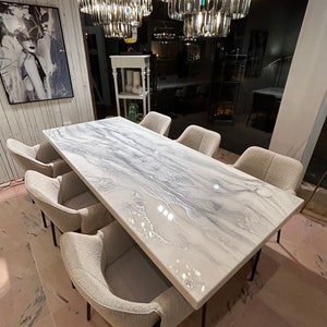 Bespoke Extra Thickness Silver and White Dining Table, Unique Resin Art, All Colours, Size, Shapes Possible afbeelding 5