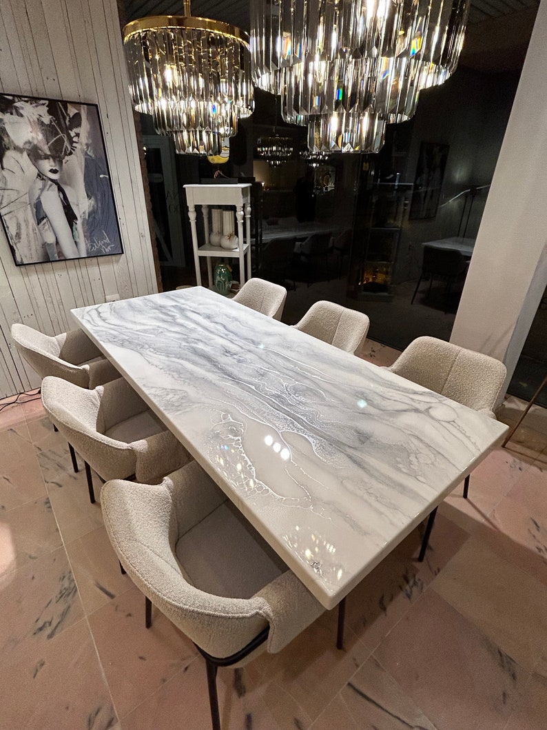 Bespoke Extra Thickness Silver and White Dining Table, Unique Resin Art, All Colours, Size, Shapes Possible afbeelding 5