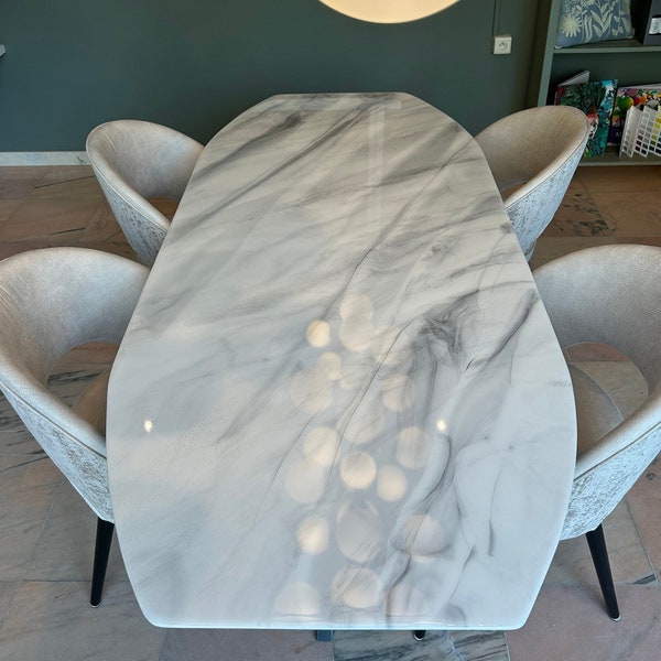 Silver and White Marble Design Custom Made Dining Table. Unique Modern Shaped, Thin Top with Beveled Edges. High Quality European Made.