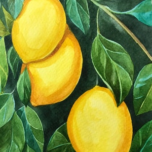 Lemon branch painting original watercolor art drawing 7x10 | Etsy