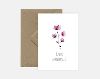 Carte Joyeux anniversaire Fleurs + enveloppe kraft