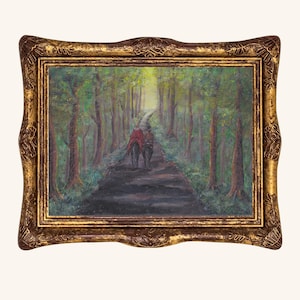 May include: An oil painting in a decorative gold frame depicting a person riding a horse along a dark path through a dense green forest. The rider wears a red cloak, and the path leads toward a bright, light-filled opening in the distance.