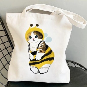 Bumblebee Cat Tote Bag, Cute Animal Tote Bag, Cat Tote Bag