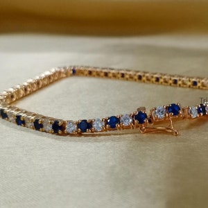 Handmade Sterling Silver Blue Sapphire & Moissanite Tennis Bracelet