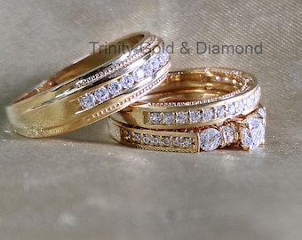 Moissanite Trio Bridal Set: Sterling Silver Engagement & Wedding Bands
