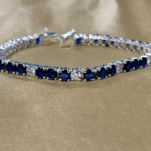 Lab Grown Diamond & Blue Sapphire Tennis Bracelet - Sterling Silver