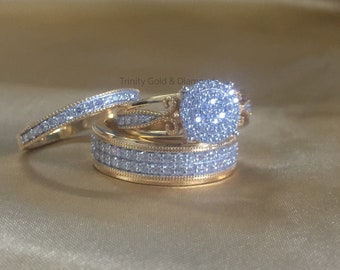 Trio Bridal Set • Engagement Ring Set of 3 Rings • Wedding Trio Set Couple Bands • Perfect Anniversary Gift for Him and Her • Moissanite Set