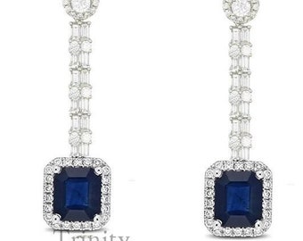 Emerald Cut Blue Sapphire Diamond Dangle Earrings for Women, Birthstone Dangle Drop Earrings Christmas Gift For Women