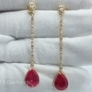 Pear Ruby Dangle Earrings: Moissanite Diamond, Sterling Silver