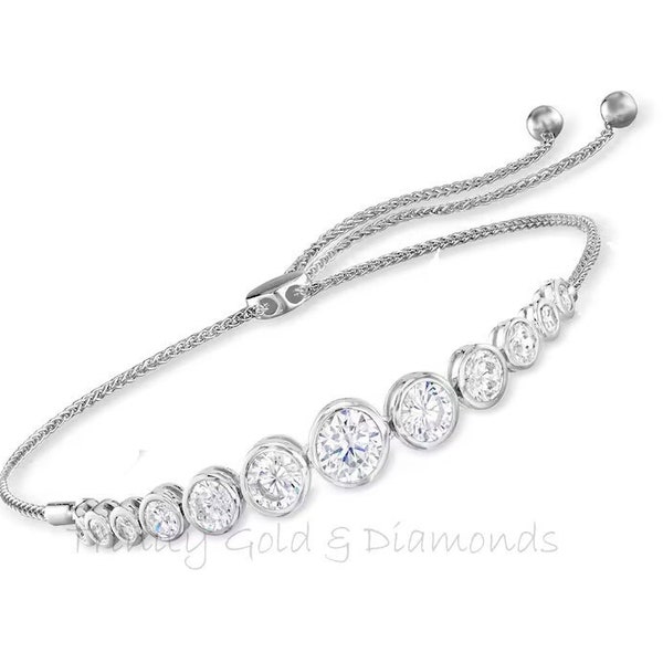 ADJUSTABLE Bolo Bracelet 3.00Ct ROUND Cut Real Moissanite Diamond for Women, Bracelet Gifts for Mom Anniversary Gift, Perfect Christmas Gift
