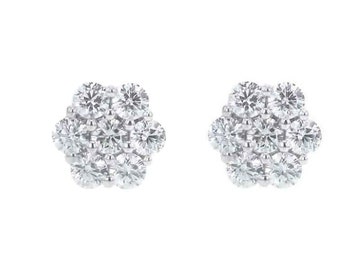 Moissanite Cluster Stud Earrings: Sterling Silver, White Gold Finish