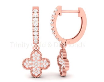 Clover Diamond Hoop Earrings: 14KT Gold Over Sterling Silver, Dangle Drop (30mm)