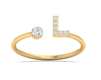 Personalized Initial Diamond Ring: 14K Gold Plated Sterling Silver Open Ring