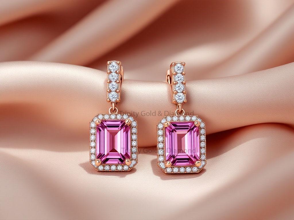 Pink And Colorless Moissanite 14k Rose Gold Over Silver  18K Rose Gold with 2.49 Cttw Emerald and Pink Moissanite Heart Drop Earrings main image 2