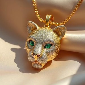 Realistic Panther Pendant Necklace • Emerald Eyes Pavé Panther Head • Gold Animal Jewelry Gift • Bold Wild Cat Necklace for Women
