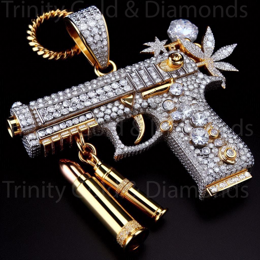 Pistol Gun Pendant for Men • Moissanite Diamond Cowboy Biker Pendant • Sterling Silver Gun Pendant • Statement Jewelry