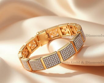 Iced Out Bracelet: 14K Gold Plated Sterling Silver Curved Link, Diamond Hip Hop Jewelry
