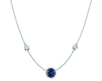 Trio Station Layering Necklace/ 14k Gold Finish Sapphire Necklace/ 3 Stone Bezel Set Diamond Chain Necklace/Anniversary Gift/Wedding Jewelry