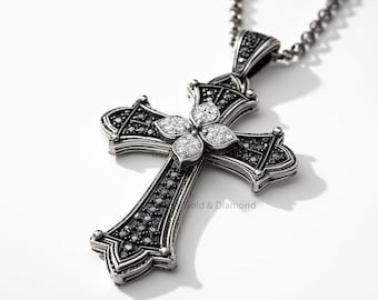 Gothic Cross Pendant: Oxidized Sterling Silver, Black & White CZ