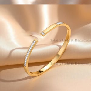 Open Cuff Bangle Bracelet for Women, 14K Yellow Gold Plated with Diamond Accents, Minimalist Modern Stackable Jewelry, Handmade Gift