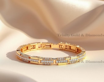 Iced Out Men's Bracelet: 14K Gold Plated Sterling Silver Diamond Link Chain