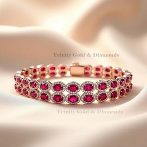 Rubin tennisarmband: Roséguld, CZ-halo, simulerad ädelsten