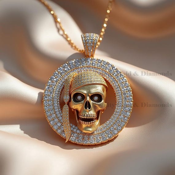 Iced Out CZ Pirate Skull Pendant Necklace: Gold Bling Hip Hop