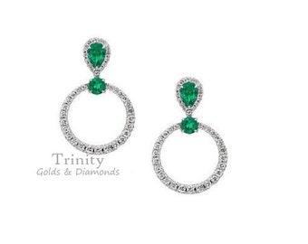 14kt White Gold Finish Emerald Earrings, 2.0 CT EMERALD DIAMOND  Dangle Drop Earrings, Emerald Earring, Earrings, Sterling Silver Earrings