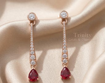 Pendientes colgantes solitarios de plata de ley 925 con forma de pera y rubí rojo cultivado en laboratorio.