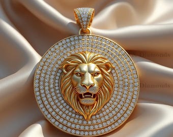 Gefrorener Moissanit Löwenkopf Anhänger: 14K Vergoldetes Sterlingsilber