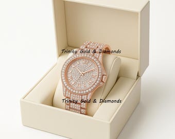 Iced Out Diamond Watch: Handmade Sterling Silver, Rose Gold Plated