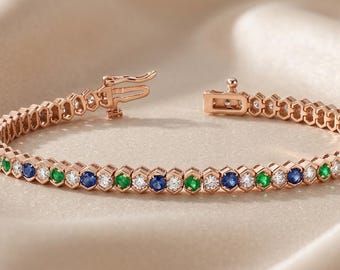 Pulsera de tenis con diamantes multicolores cultivados en laboratorio, gema arcoíris, plata de ley, joyería hecha a mano.