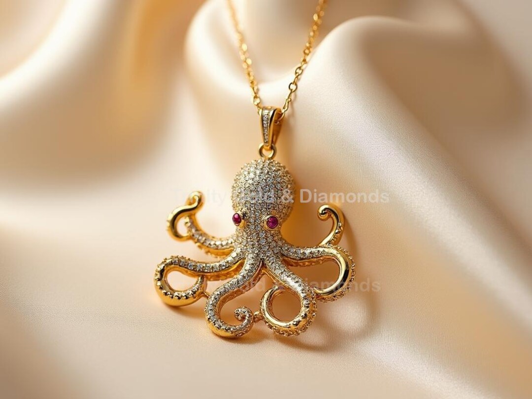 18K Gold Octopus Pendant Necklace: Lab Grown Sterling Silver Ocean