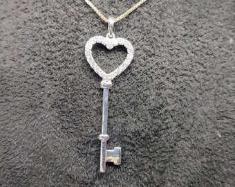 Sterling Silver Heart Key Pendant Necklace: 0.50 Carat CZ Diamond