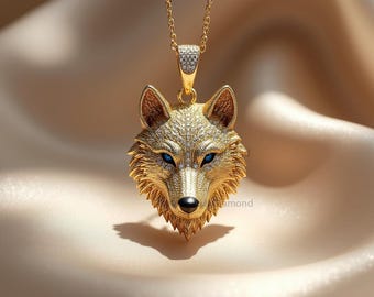 Gold Wolf Pendant Necklace with Blue Eyes • Fierce Animal Totem Jewelry for Men • Spiritual Handmade Gift • Strength & Loyalty Symbol