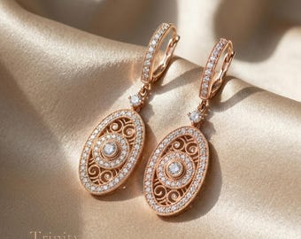 Pendientes ovalados de filigrana Art Déco vintage, plata de ley 925, diamantes cultivados en laboratorio, estilo nupcial.