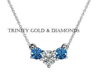 Three Stone Necklace Solitaire Sapphire And Moissanite • Three Stone Wedding Necklace, Sapphire & Diamond Pendant, Everyday Necklace