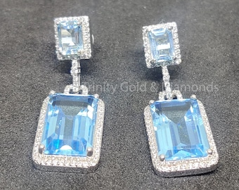 Emerald Cut Blue Topaz Earrings: Antique Sterling Silver Dangle Earrings