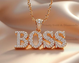 Iced Out BOSS Pendant Necklace: Gold Finish CZ Bling Chain