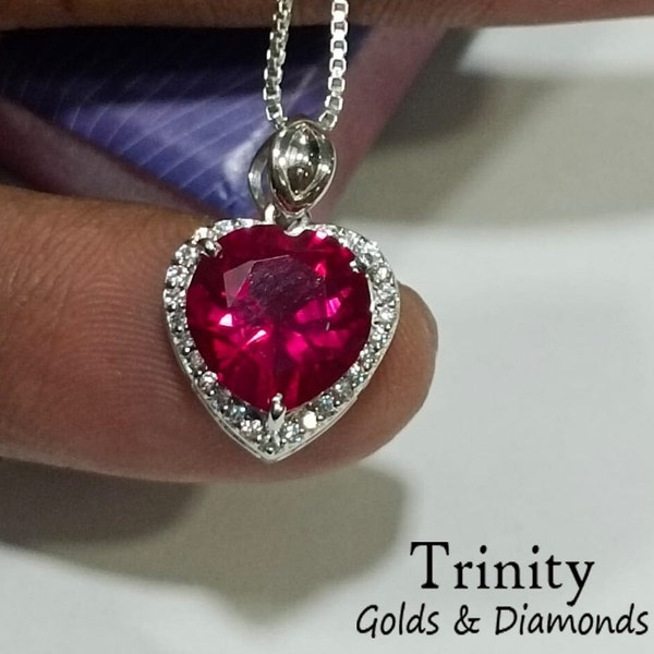 PENDENTIF COEUR RUBIS, collier pendentif coeur diamant rubis halo 10 mm, cadeau parfait pour elle, coeur de pierres précieuses, pendentif coeur pierre de naissance