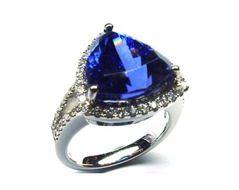 Trillion-cut Sapphire and Diamond Engagement Ring With 14kt Gold Over sterling silver,Wedding Promise Ring,Anniversary Gift, Bridal Jewelry,