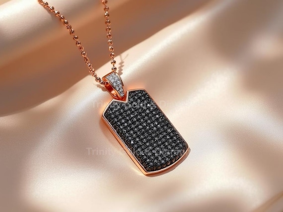 Black Pavé Dog Tag Pendant Necklace: Rose Gold Plated Men's Jewelry