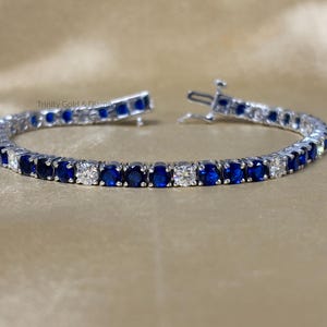 Blue Sapphire Tennis Bracelet: Lab-Grown Diamond, Sterling Silver