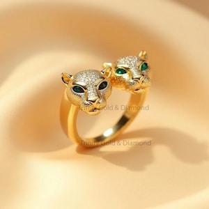 Panther Wrap Ring • Double Panther Head Adjustable Ring • Animal Inspired Gold Statement Ring • Fierce Wild Cat Jewelry • Gift for Her
