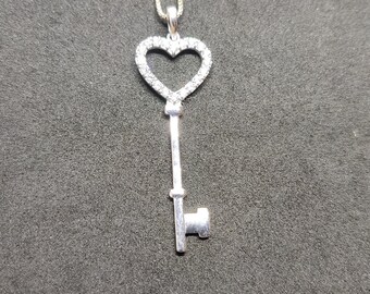 Sterling Silver Heart Key Pendant Necklace: 0.50 Carat CZ Diamond