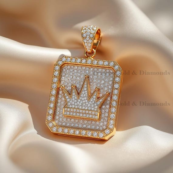 Iced Out Crown Pendant Necklace: 14K Gold Plated Sterling Silver