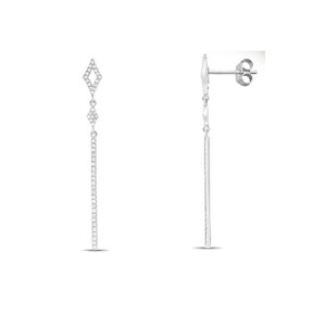 May include: A pair of silver dangle earrings with a diamond-shaped design at the top and a long, thin, diamond-studded bar hanging below.