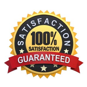 Puede incluir: Un sello dorado en forma de estrella con un centro negro y texto blanco que dice "Satisfacci&oacute;n garantizada" y "100% Satisfacci&oacute;n". Una cinta roja con el texto "Garant&iacute;a" est&aacute; envuelta alrededor del sello.