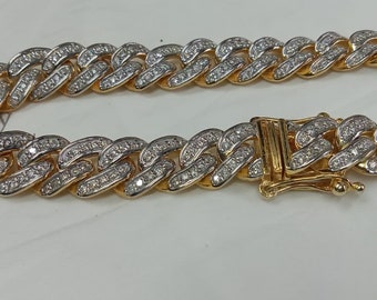 Moissanite Cuban Link Bracelet: 14k Yellow Gold Plated Sterling Silver
